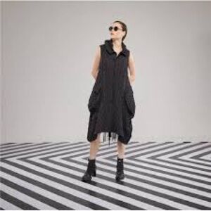 Lagenlook Sleeveless Black Midi Coat/ Dress with Balloon Hem with pockets
